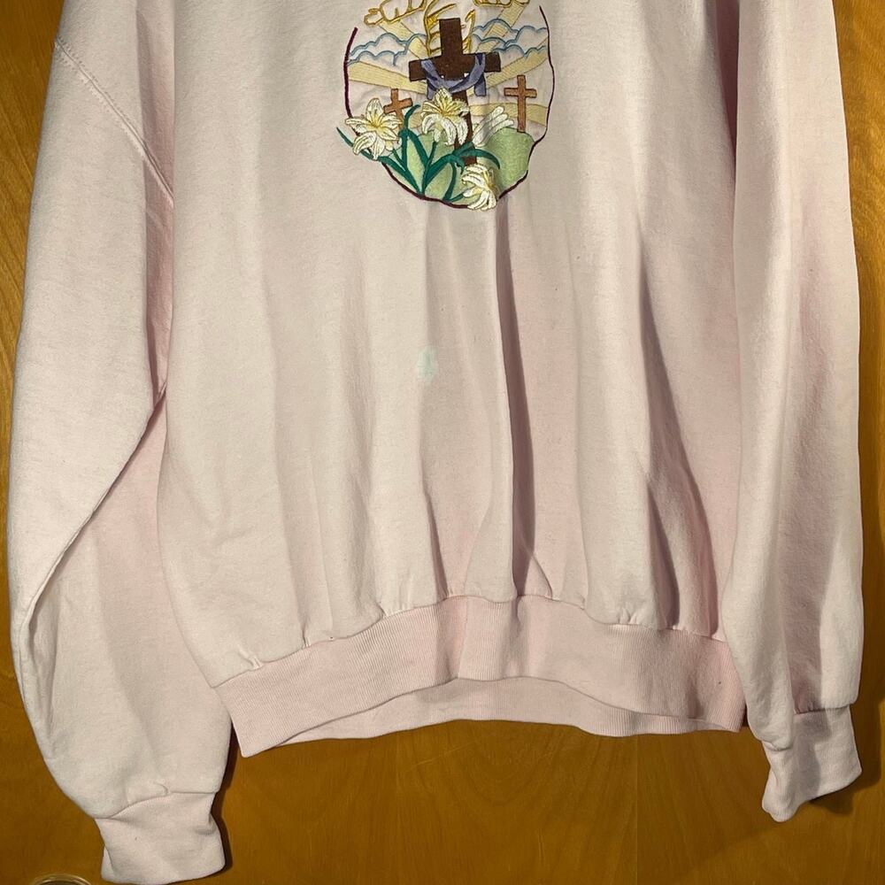Vintage Jerzees He is Risen Jesus Christ Cross Sweater Sweatshirt Pink Medium - Picture 3 of 10